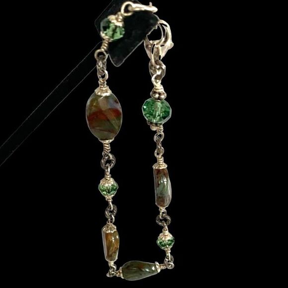 MK# Green & Brown Agate & Sterling 925 Silver Bracelet - Picture 2 of 9
